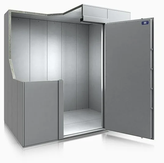 Modular strongroom with armoured walls and safe door